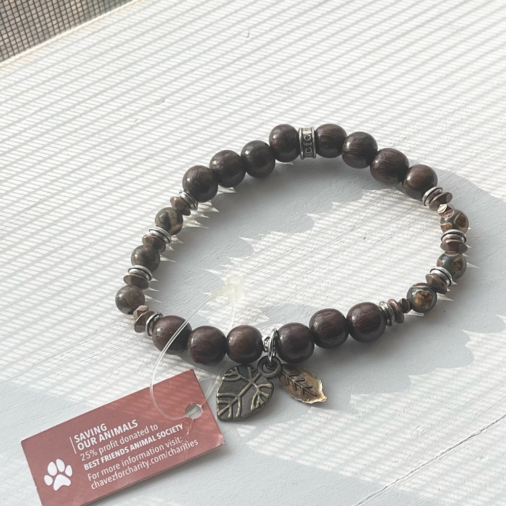 cfc Wood Boho Stretch Beaded Bracelet - Natural Stone Bronze Tone Leaves